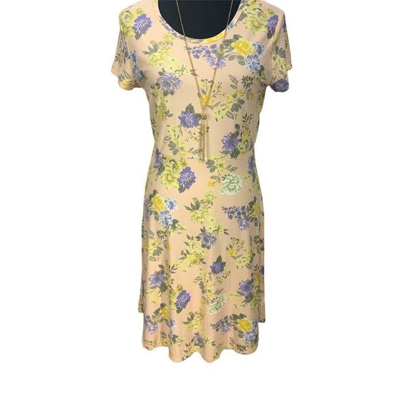 Bobbie Brooks Peach Floral Scoop Neck Print Size Small Dress‎ With Necklace - Picture 1 of 9